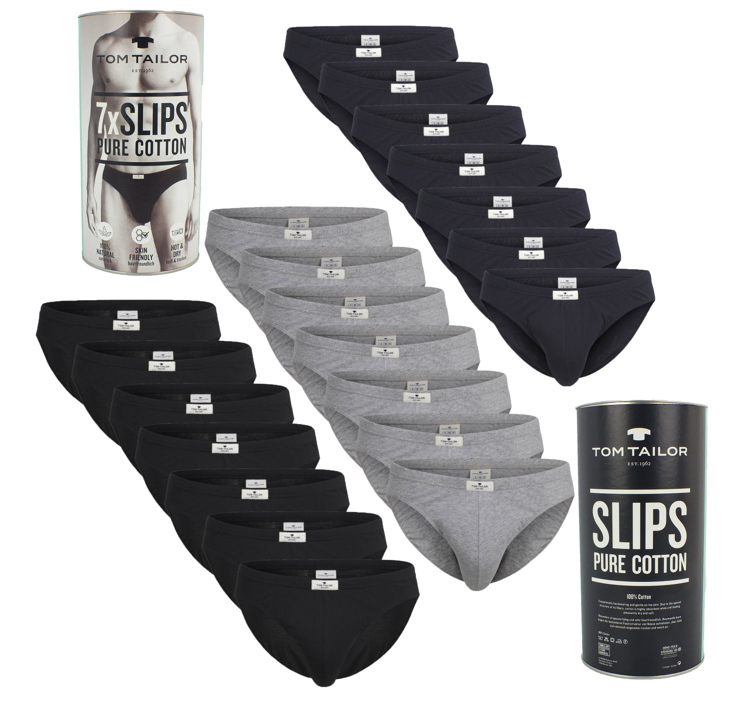 7er Pack Tom Tailor Herren Slips schwarz blau grau weiß in einer Dose